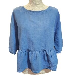 M.i.h Jeans Linen Cotton Blend Blue Chambray Ruffle Hem Top Size XS 3/4 Sleeve